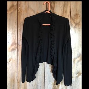 TAHARI.. BLACK OPEN FRONT CARDIGAN WITH RUFFLES SP